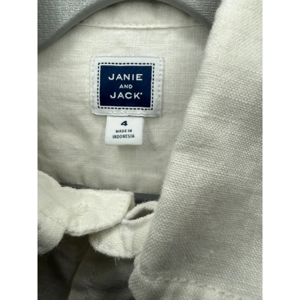 Janie & Jack Button Down Shirt Kids 4 White Excellent 100% Linen Roll-Tab Sleeve